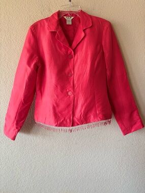 S.L.B. Vintage Women's Pink 100% Silk Blazer with Beaded Trim Size 8